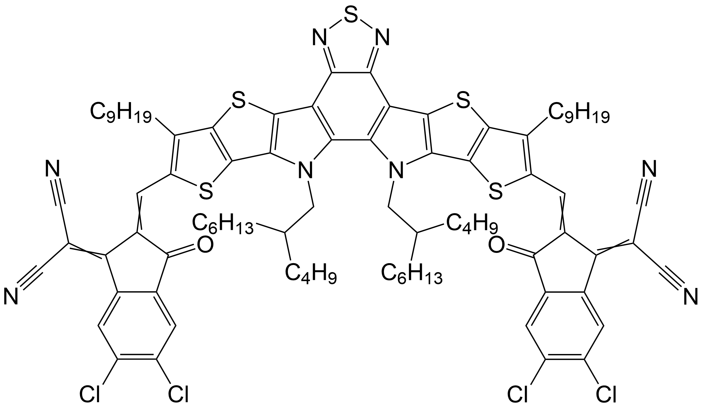 2,2'- [[12,13-双(2-丁基辛基)-12,13-二氢-3,9-二壬基双噻吩并[2'',3'':4',5']噻吩并[2',3':4,5]吡咯[3,2-E:2',3'-G][2,1,3]苯并噻二唑-2,10-二基]双[甲基亚甲基(5,6-氯-3-氧-1H-茚-2,1(3H)-二亚甲基) ]]双[丙二腈/2598965-39-8